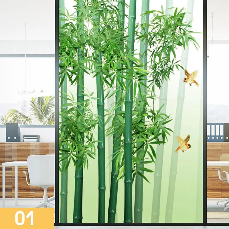 Retro Chinese Style Bamboo Pattern Window Film Green Bamboo Static Cling Glass Stickers Sliding Door Frosted Privacy Window Film