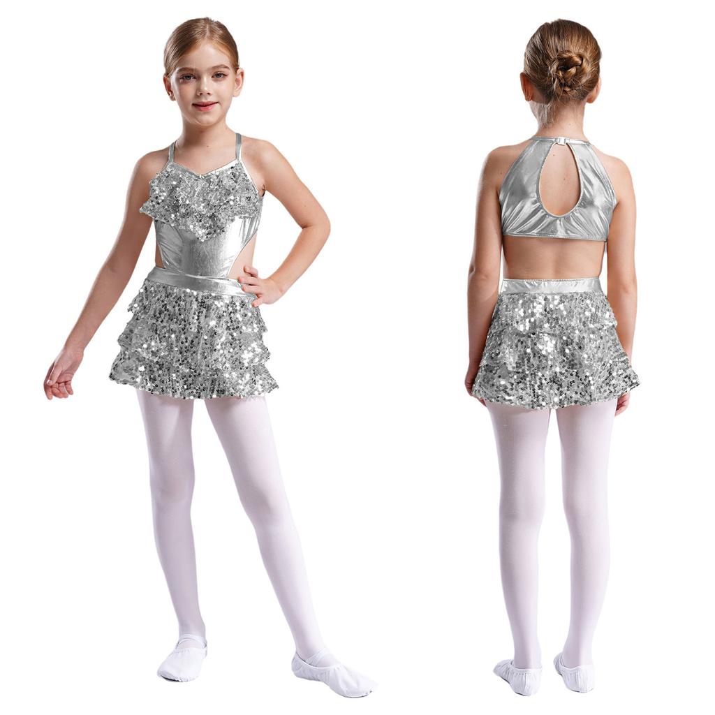 Girls V Neck Sleeveless Dance Dress Tiered Ruffle Sequins Cutout Back Stage Performance Costume