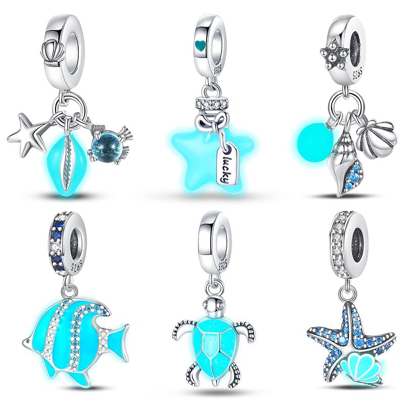 100% 925 Sterling Silver Firefly Star Bling Bling Blue Luminous Charms Beads Fit 925 Original Bracelets DIY Fine Jewelry