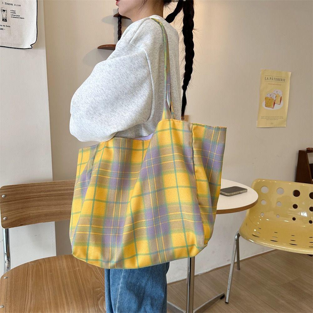Travel Canvas Tote Bag Korean Style Women Handbag Fashion Plaid Shoulder Bag  Girls
