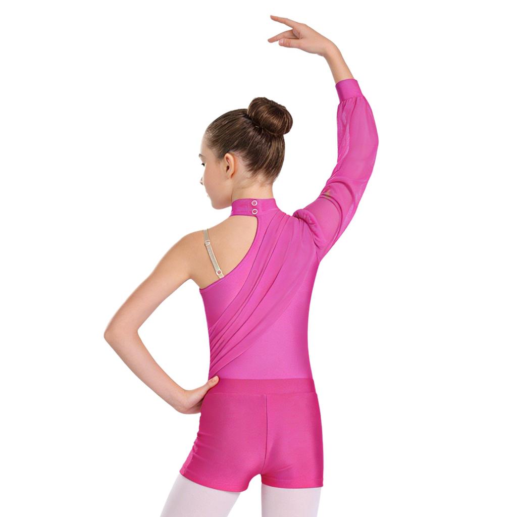 Girls One Shoulder Long Sleeve Ruched Mesh Leotard Figure Skating Gymnastics Outfit