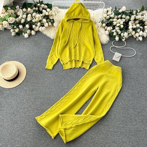 Осенне-зимний женский вязаный свитер, спортивный костюм, модный пуловер с капюшоном, топы и широкие брюки, комплект из двух предметов