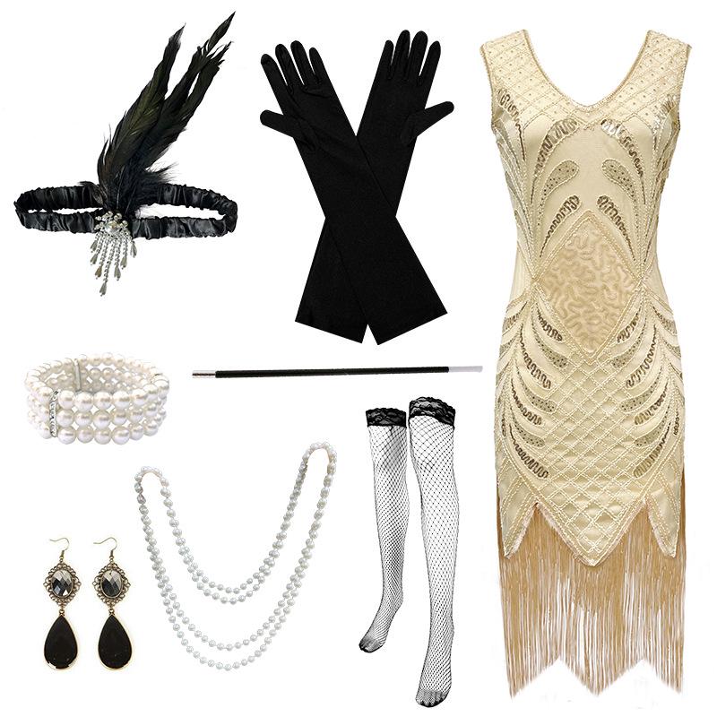 1920s Gatsby Vintage Sequin Beaded Dress with Tiara, Gloves & Necklace - 8 Piece Set