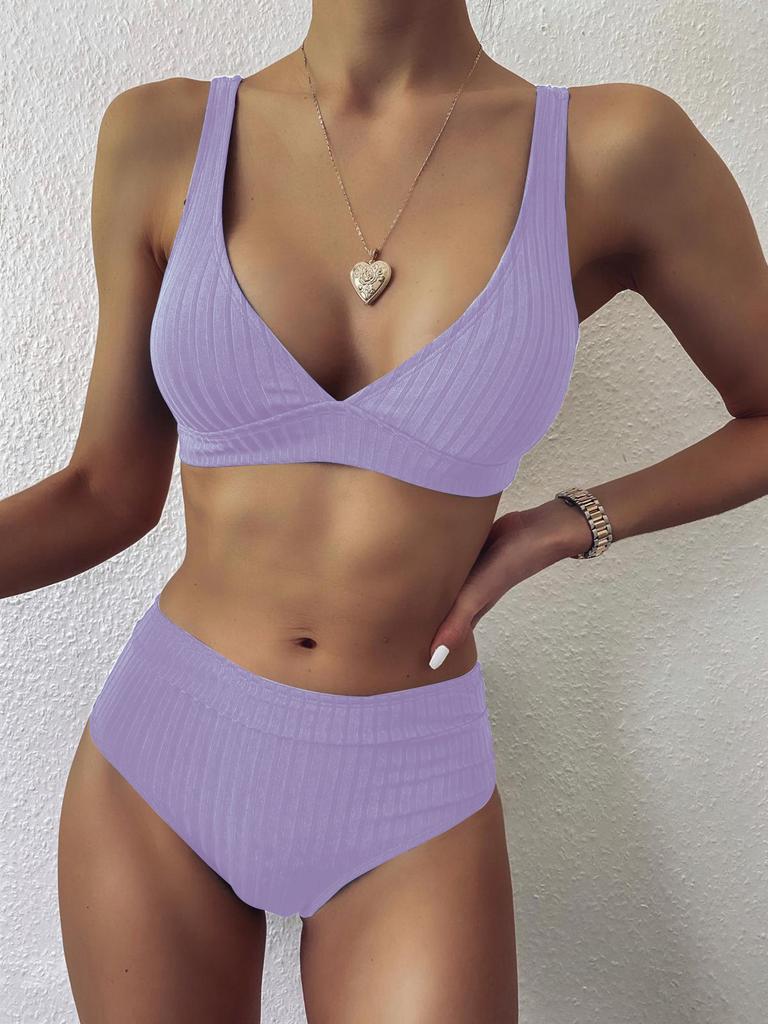Women's Sexy V-neck Pit Striped Bikini High Waist Split Swimsuit 10 Colors
