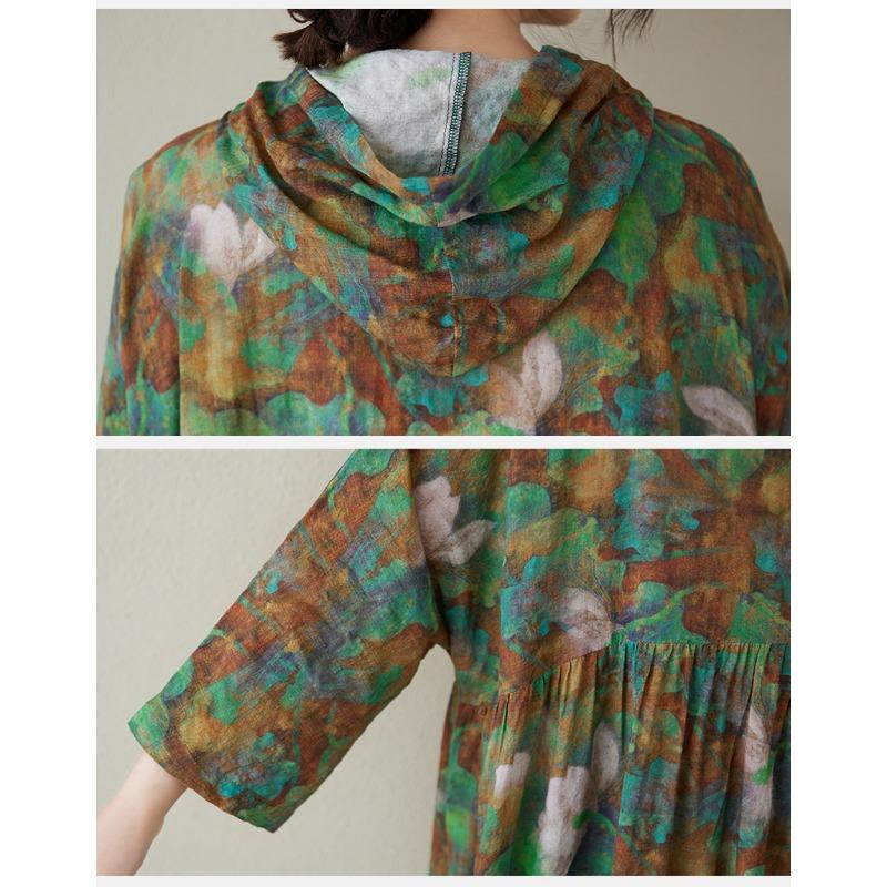 DIMANAF 2025 Большие размеры Лето Женское Базовое Платье Винтаж Цветочный Принт Повседневное Свободное Длинное Платье С Капюшоном Макси