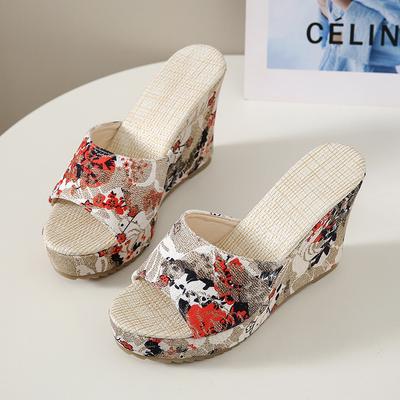 Женская обувь, модная обувь, повседневные шлепанцы, летние винтажные тапочки на танкетке с открытым носком и цветочным принтом, Zapatos De Mujer