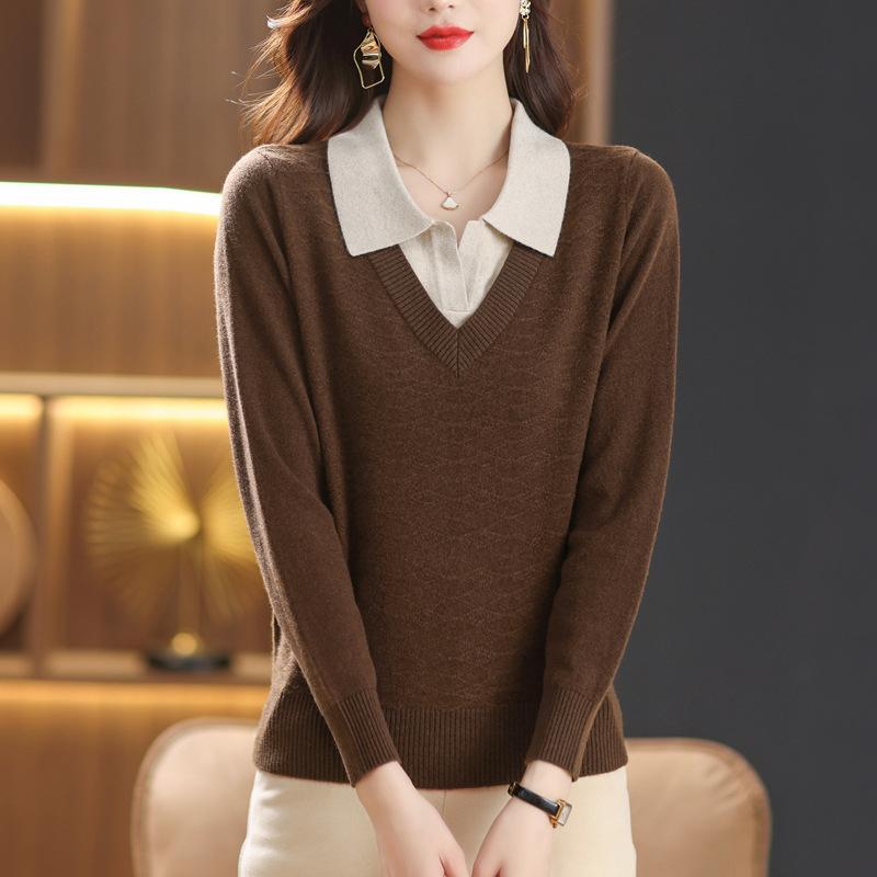 Осенне-зимняя мода с длинными рукавами, имитация воротника-поло, двухсекционный свитер, женский топ, стильный свободный высококачественный трикотажный базовый свитер