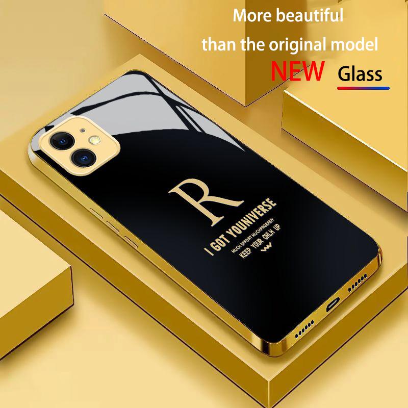 Стеклянный чехол для телефона с гальваническим покрытием, дизайн с буквой "R", золотая рамка, Для iPhone 17 Air 16 Pro 15 Pro Max 14 Plus, защита от падений