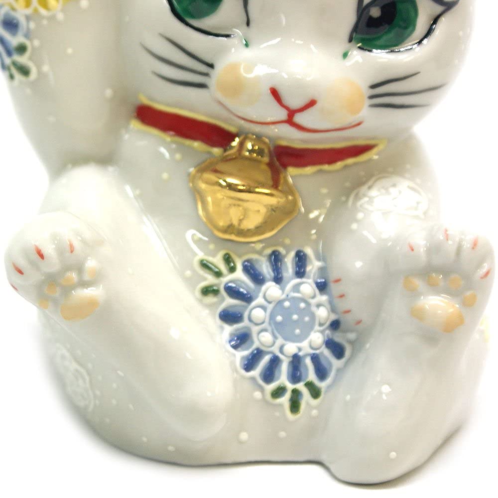 Stylish Kutani Ware Maneki Neko Figurine with Right Hand and Strong from Waza No Perfect for Opening a or Any Arm, White, Kura. Business, Birthdays,