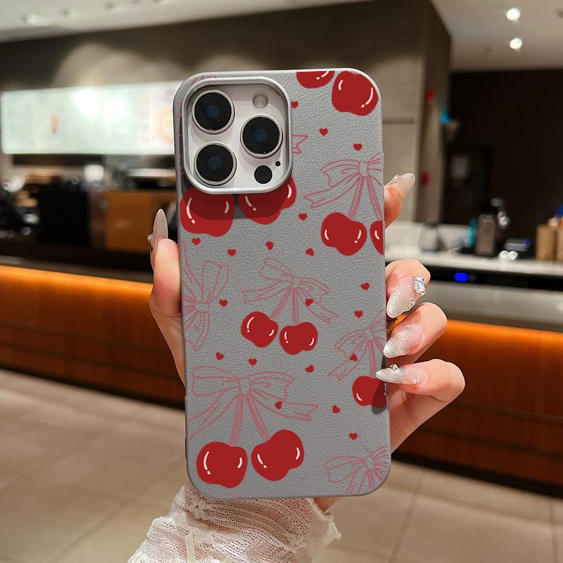Матовый тонкий чехол для телефона с принтом вишневого банта для iPhone 16 Pro Max 15 Plus 14 Pro 13 12 11 TPU кожаная текстура мягкий противоударный бампер