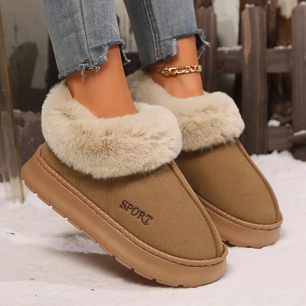 Anti-slip Thick Plush Snow Boots Women Faux Suede Platform Fur Winter Boots Woman Slip On Warm Cotton Padded Shoes Female 45