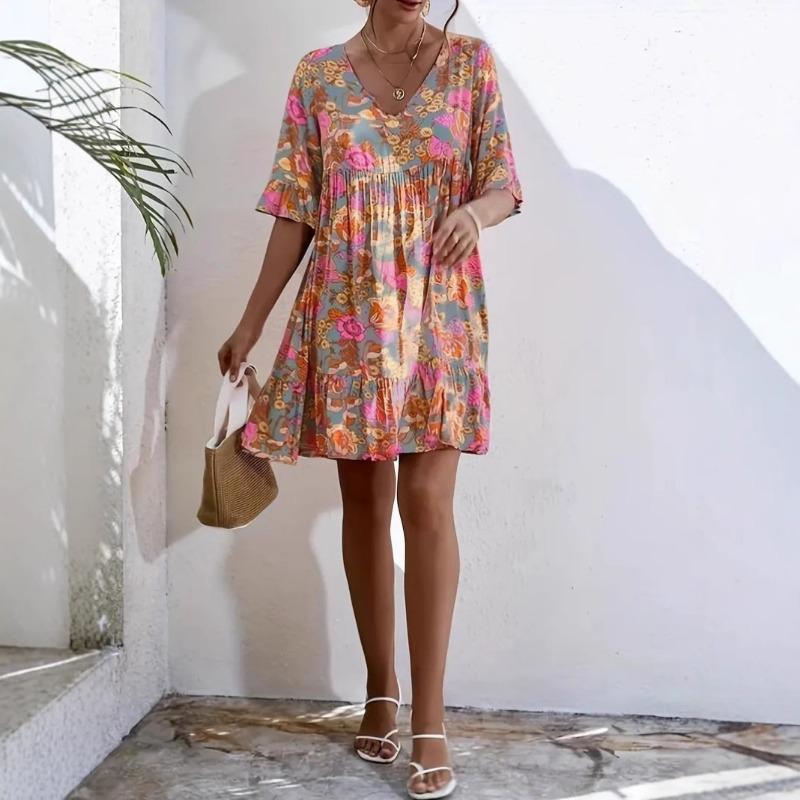 Женское повседневное летнее платье в стиле бохо с V-образным вырезом и цветочным принтом