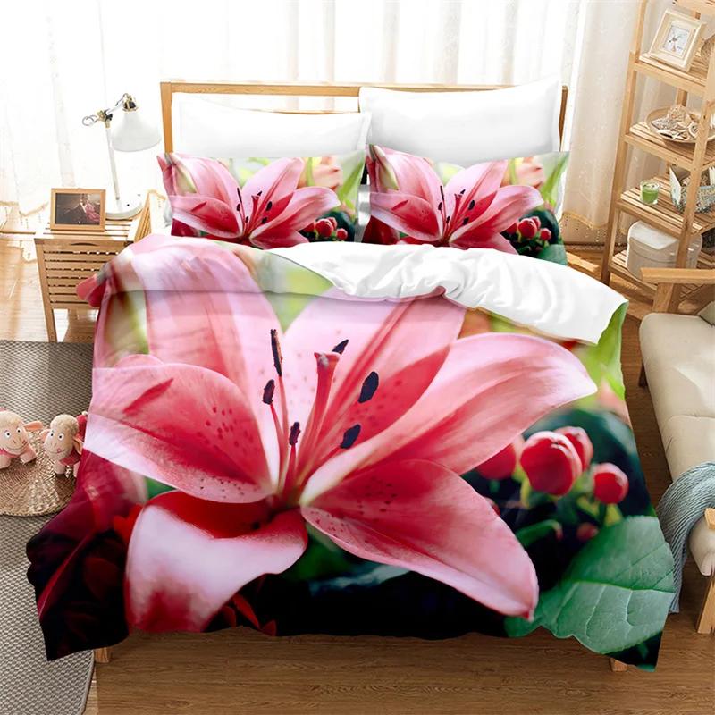 Lily Duvet Cover Set for Single Double Bed Pink Flower Quilt Cover King Size Bedding Set 2PCS 3PCS with Pillowcase Full Twin New
