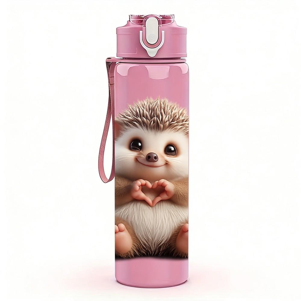 1PC Cute Hedgehog Animal Portrait Print 750ml Color Plastic Sports Water Bottle Leakproof Flip Straw Lid Suitable for Sports Office Home Use
