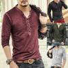 Long Sleeve Men T-shirt Solid Color Casual V Neck Thin Buttons T-shirt Male Clothing