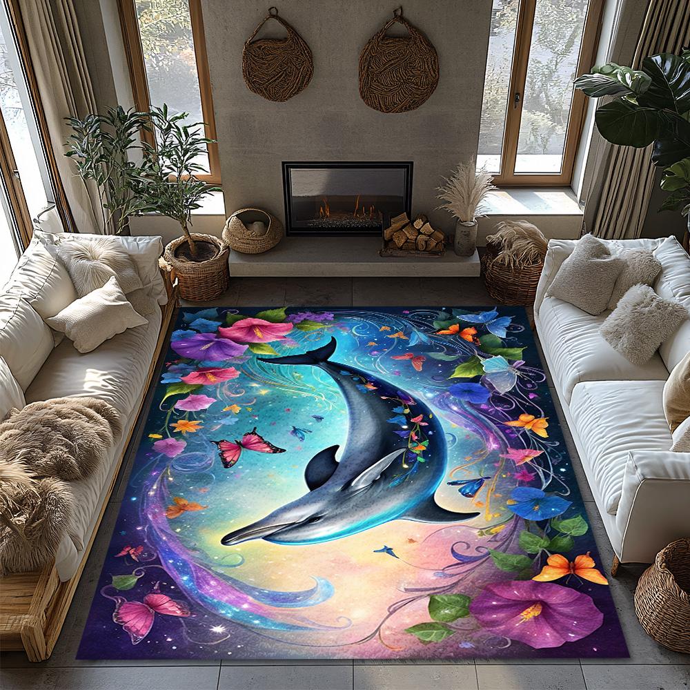 Magical Dolphin Jump Rug, Rainbow Floral Ocean Carpet for Living Room, Soft Non-Slip Mat with Butterfly Star Decor