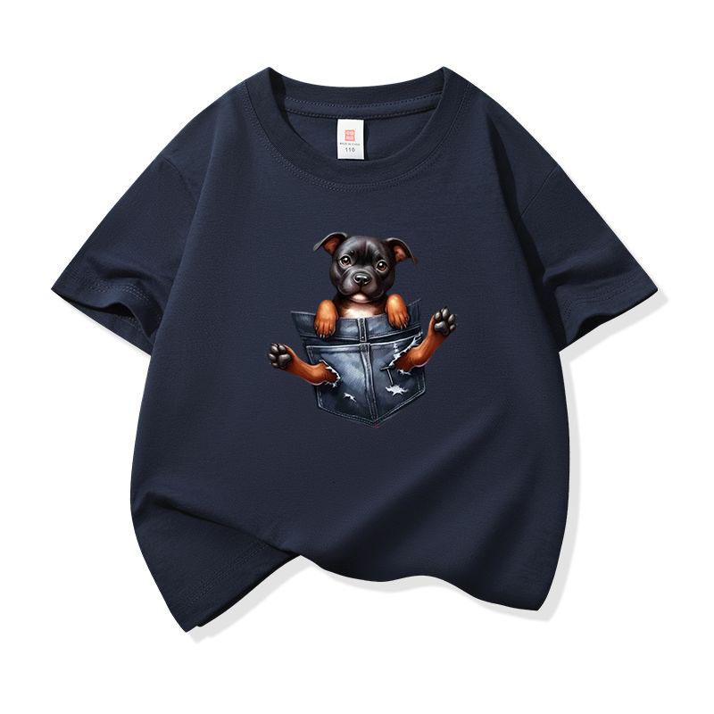 Kids Cotton T Shirt Adorable Pocket Staffordshire Dog Pattern Print Crew Neck Short Sleeve Tee Casual Boys Girls Summer Tops