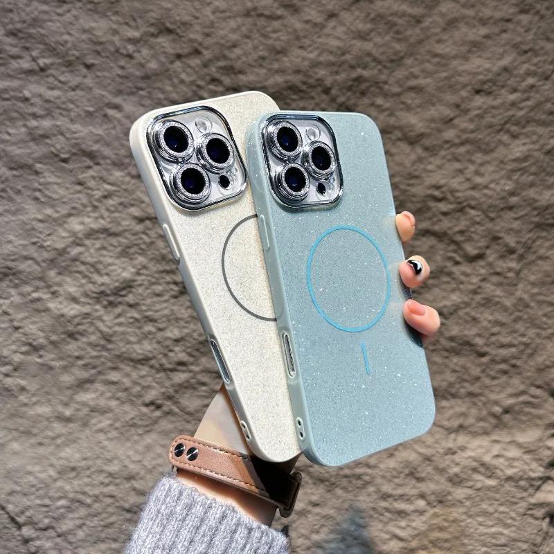 Glitter Glass Camera Protector Phone Case for iPhone 15 14 16 Plus 11 12 13 16 Pro Max Shining Magnetic Shockproof Cover