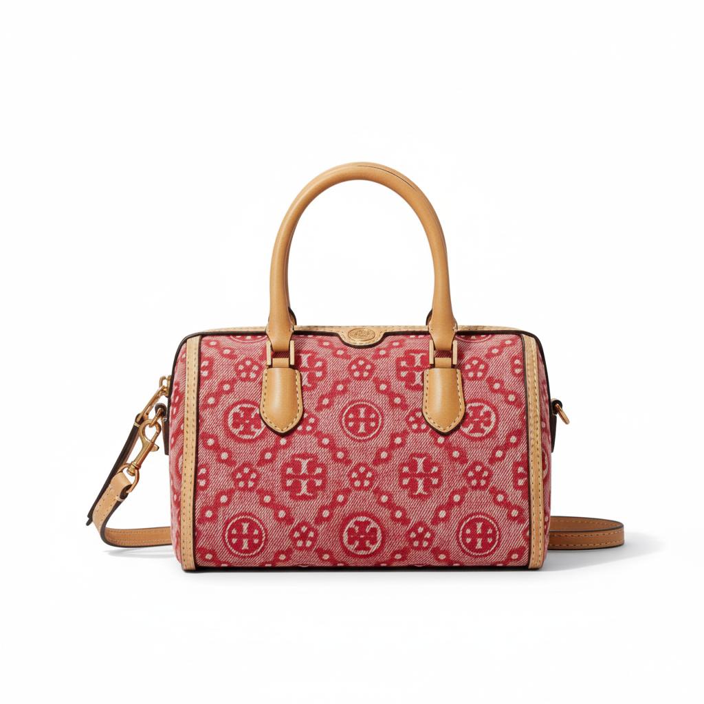 Tory Burch T Monogram Classic Logo Print Cotton Denim Boston Bag Mini Women handbags Bright-Red 183614-612