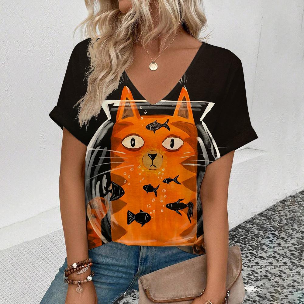 Футболка Summer Funny Cats 3D Print, женская уличная одежда, повседневные футболки, топы Y2k, женские футболки Harajuku с V-образным вырезом, свободная одежда