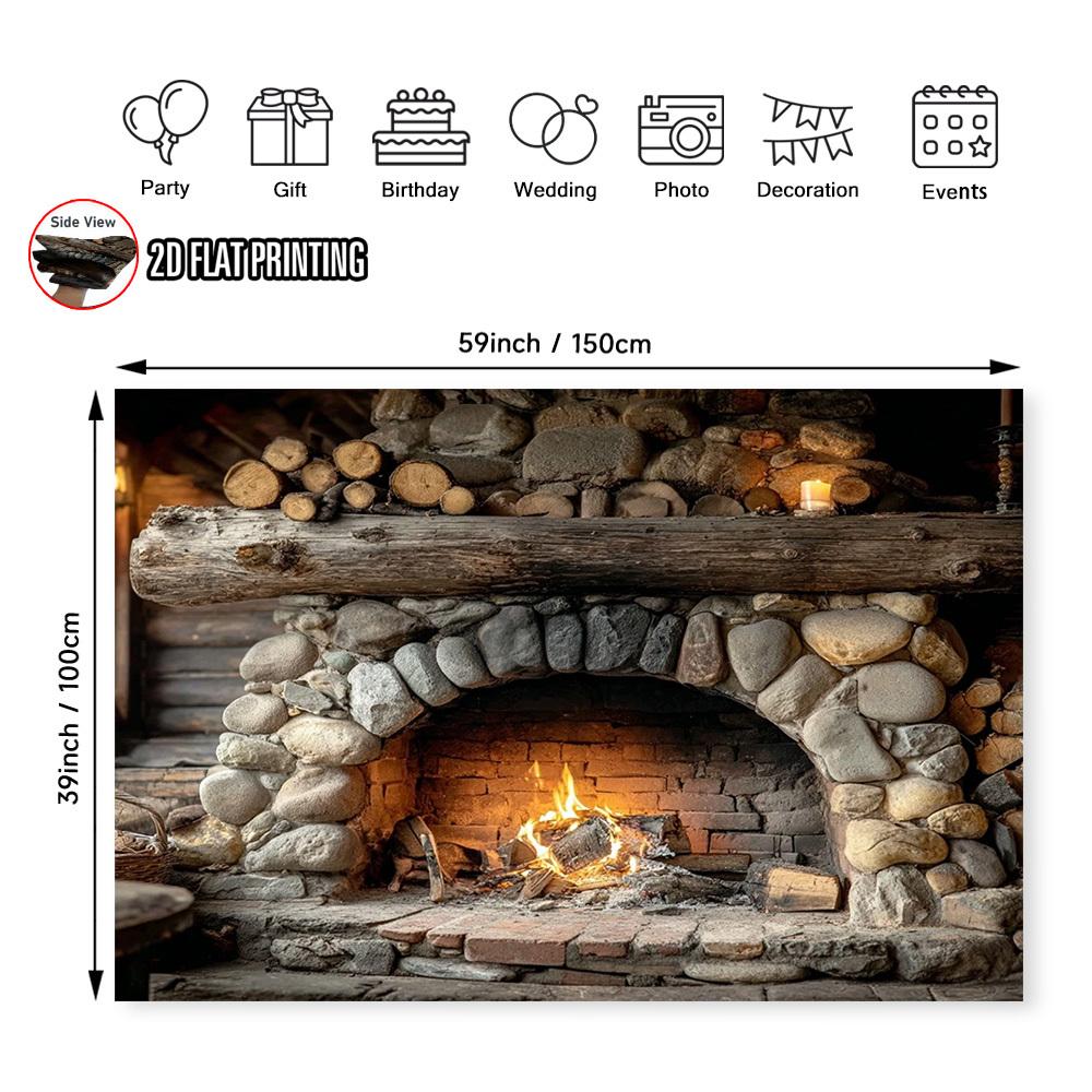 1Pcs Realistic Stone Fireplace Burning Decoration Background Winter Backdrop For Photo Studio Photo Booth Party