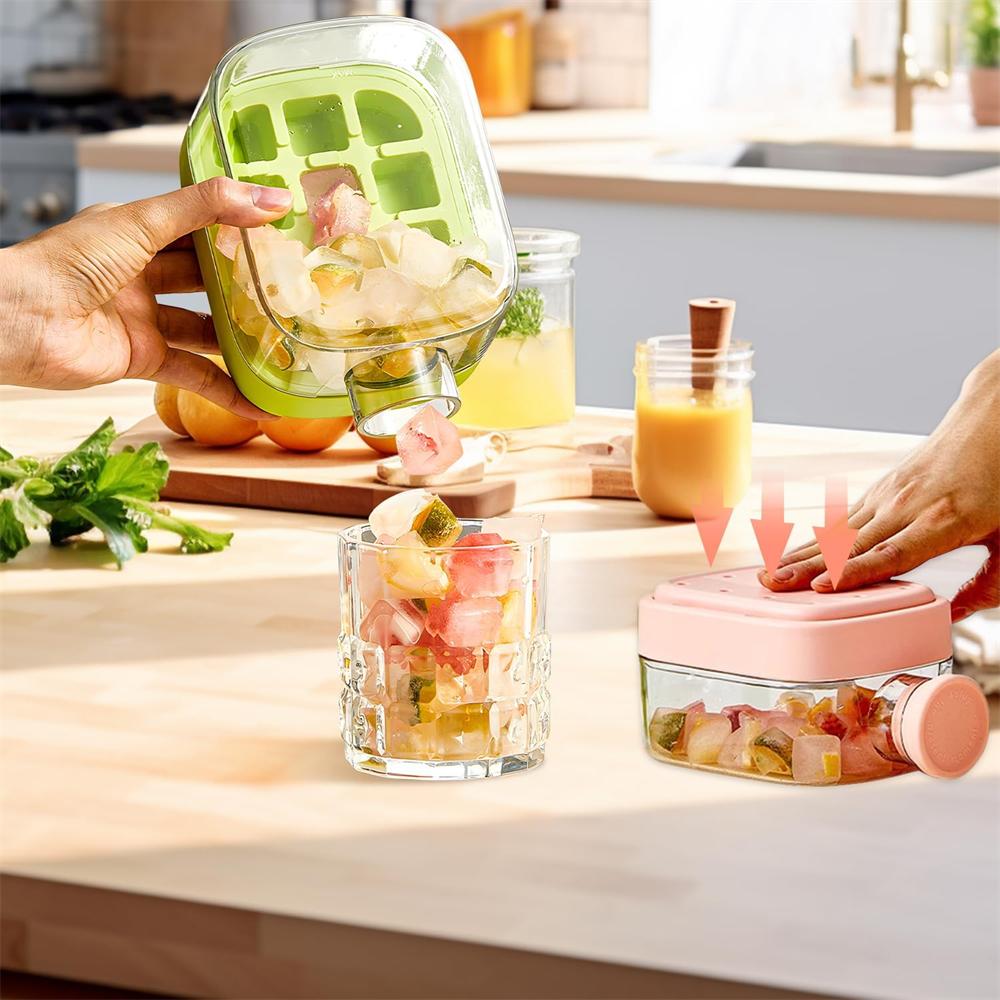 Ice Cube Bottle with Straw, 2 In 1 Touch-Free Push-Type Ice Cube Making Bottle, Easy Release Water Bottle Ice Mold