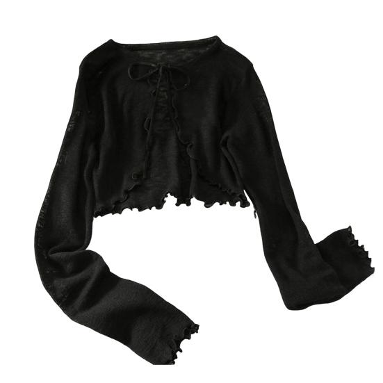 Солнцезащитный трикотажный кардиган для женщин с завязками спереди, длинными рукавами, прозрачной сеткой, пляжной накидкой с оборками и тонкими рубашками с защитой от ультрафиолета