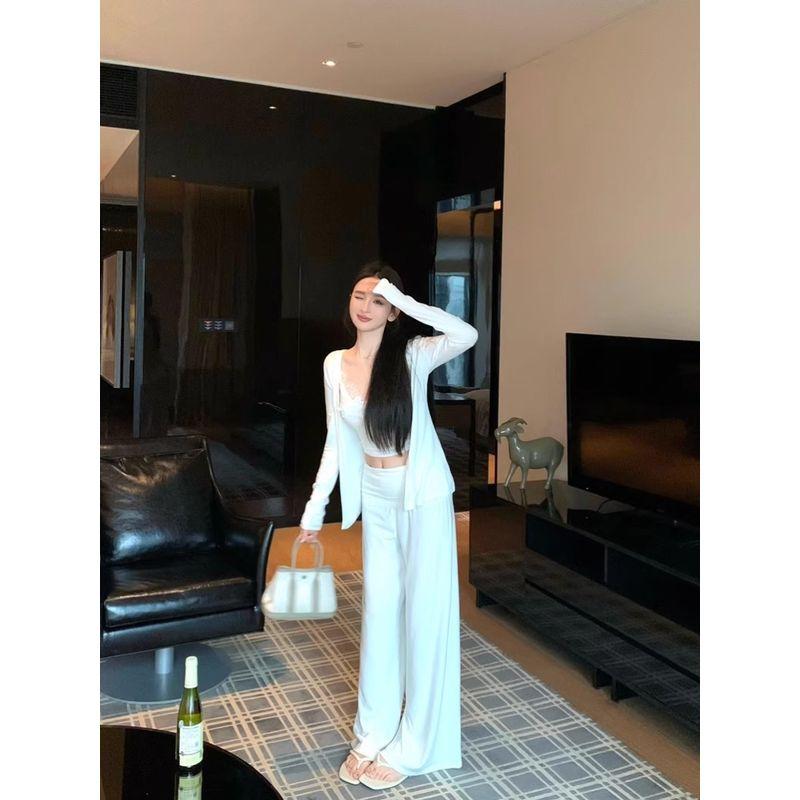 Kumikumi Pure Desire Style White Long Sleeve Cardigan Inner Wear Cami Women Autumn Slimming Wide Leg Pants Three-Piece Suit