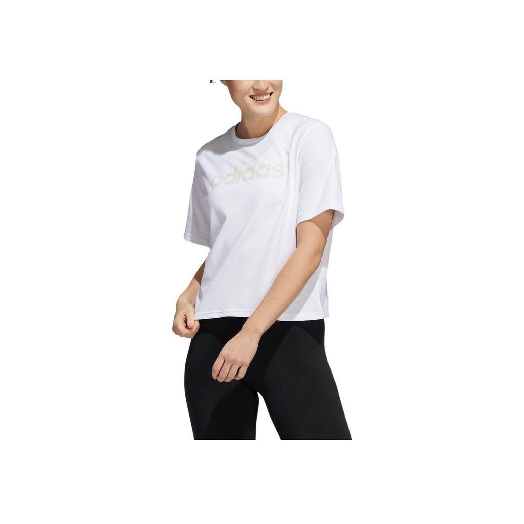 Adidas Однотонная повседневная футболка с круглым вырезом и коротким рукавом с принтом логотипа бренда, женские топы белого цвета HE4933
