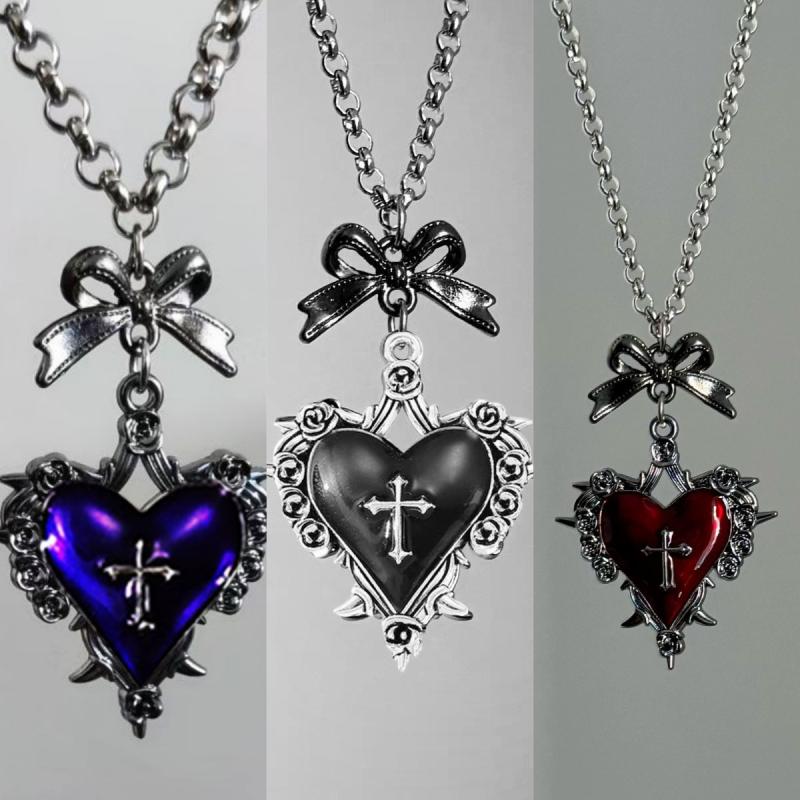 Y2K Bow Cross Heart Necklace For Girls Gothic Jewelry Vintage Accessories Rose Goth Collares Chain For Women Man Punk Necklace