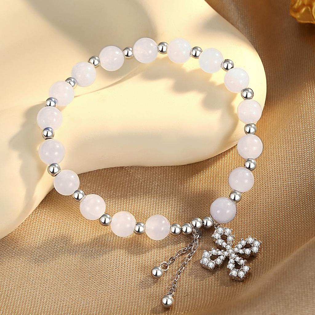 Light Luxury Style Full Diamond Four-leaf Clover and Field Jade Bracelet S925 Silver Inlaid with Diamonds and Zircon Leaf Jewelry Tassel Ball Jewelry