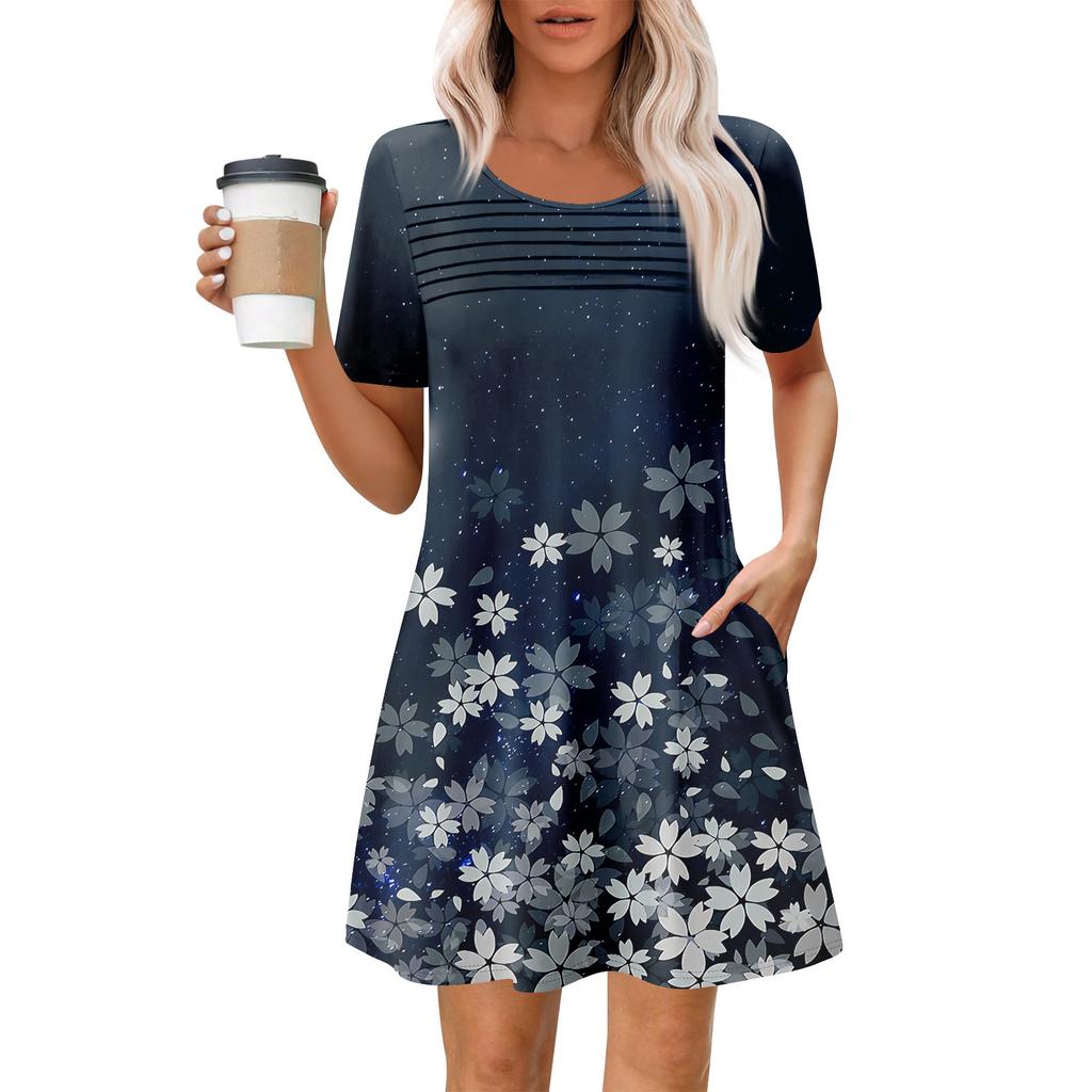 Женские летние повседневные платья с круглым вырезом, плиссированные, с карманами, с принтом, с коротким рукавом