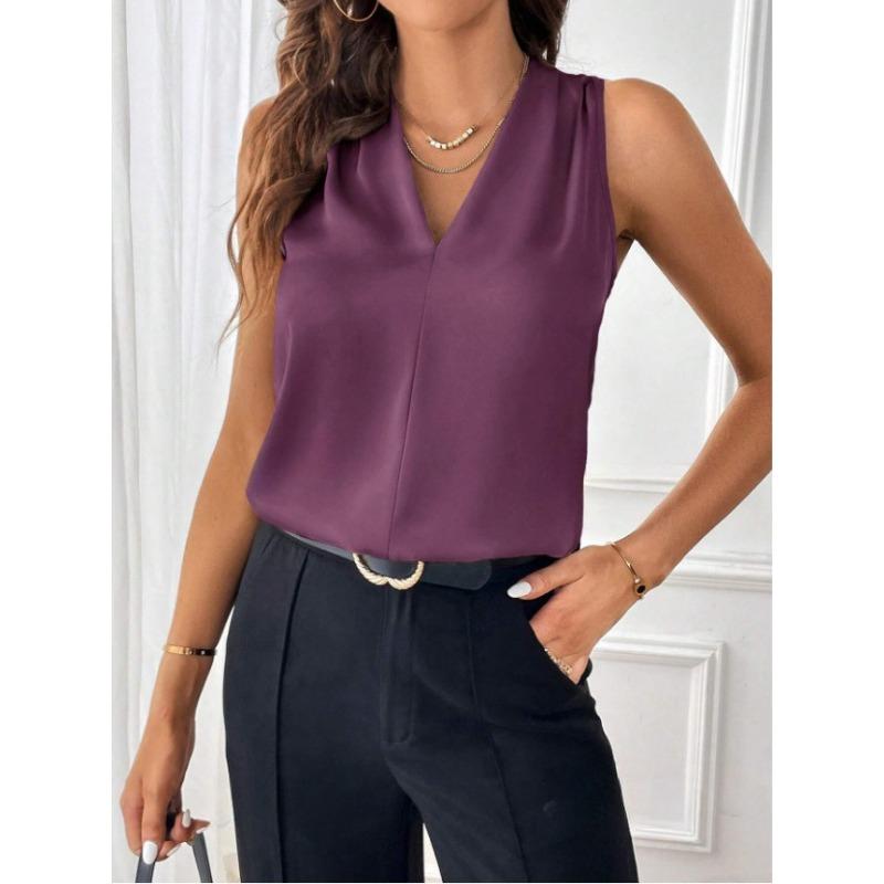 Женская мода новый без рукавов V-образный вырез свободный однотонный жилет топ