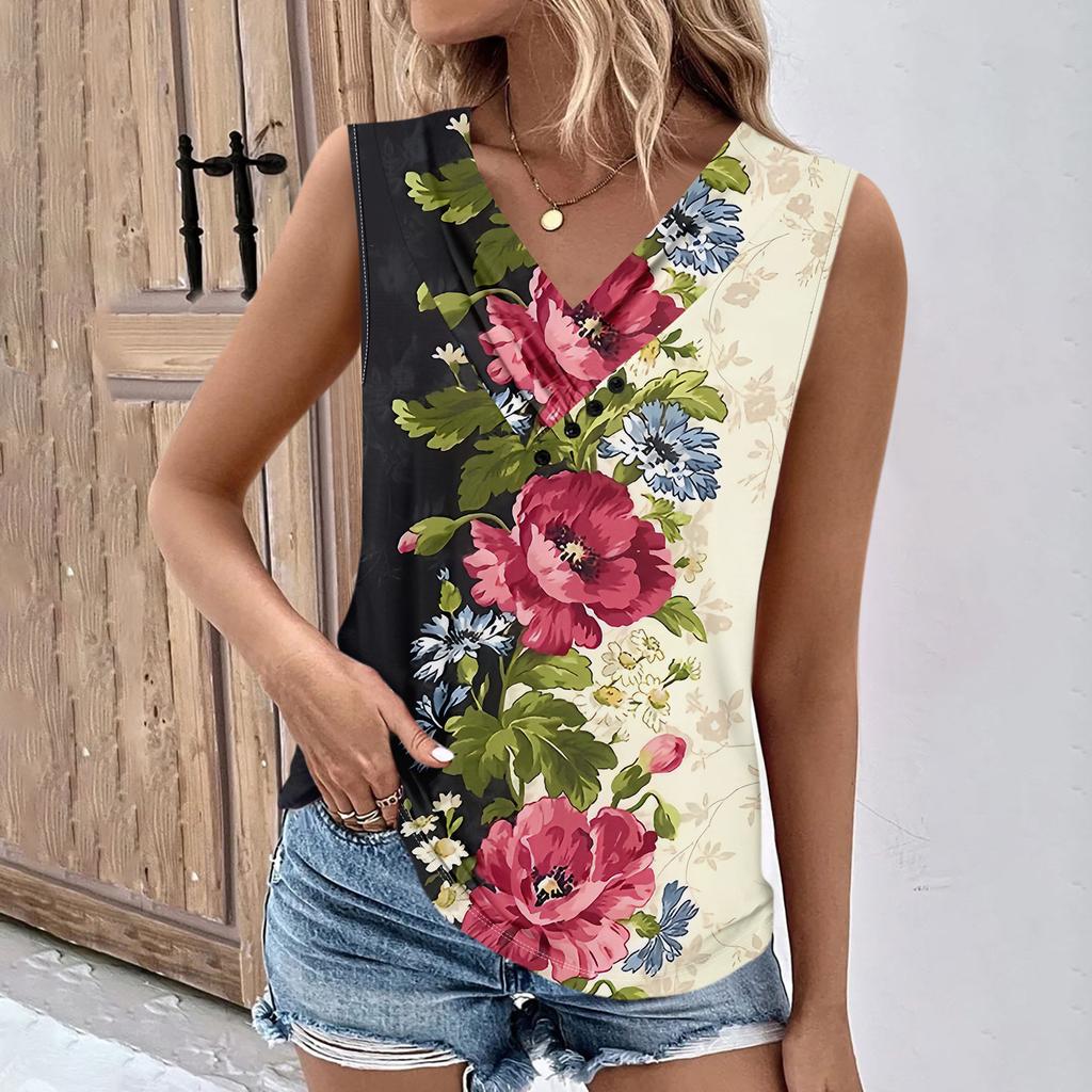 Летние женские топы на бретелях с v-образным вырезом, повседневные рубашки без рукавов с принтом, повседневные свободные плиссированные футболки, футболки, женская блузка