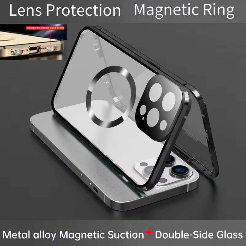 Чехол для iPhone 16 Pro Max/ 16 Plus, с двухсторонними магнитными чехлами из закаленного стекла, с магнитной адсорбцией для беспроводной зарядки Magsafe, с металлическим бампером