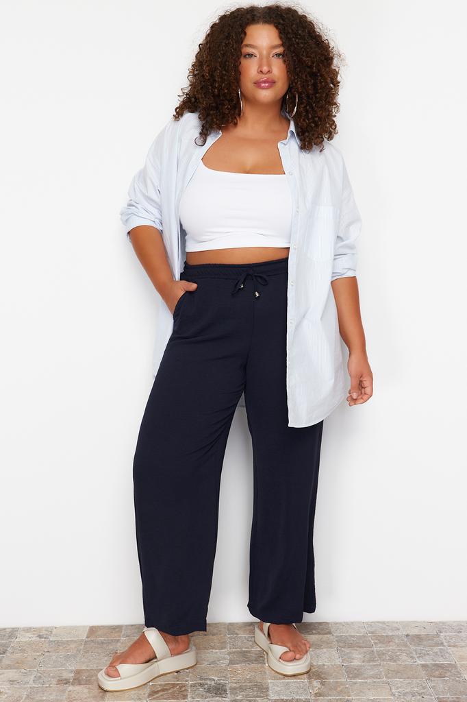 Женские брюки больших размеров, модные новые сезонные черные тканые брюки с высокой талией и широкими штанинами