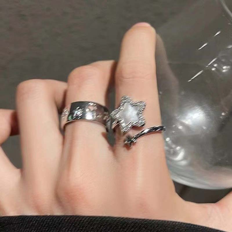 Y2K Letter Bilayer Star Open Ring for Women Girls Sweet Hollow Dropwise Glaze Pentagram Lucky Finger Accessories Fashion Jewelry