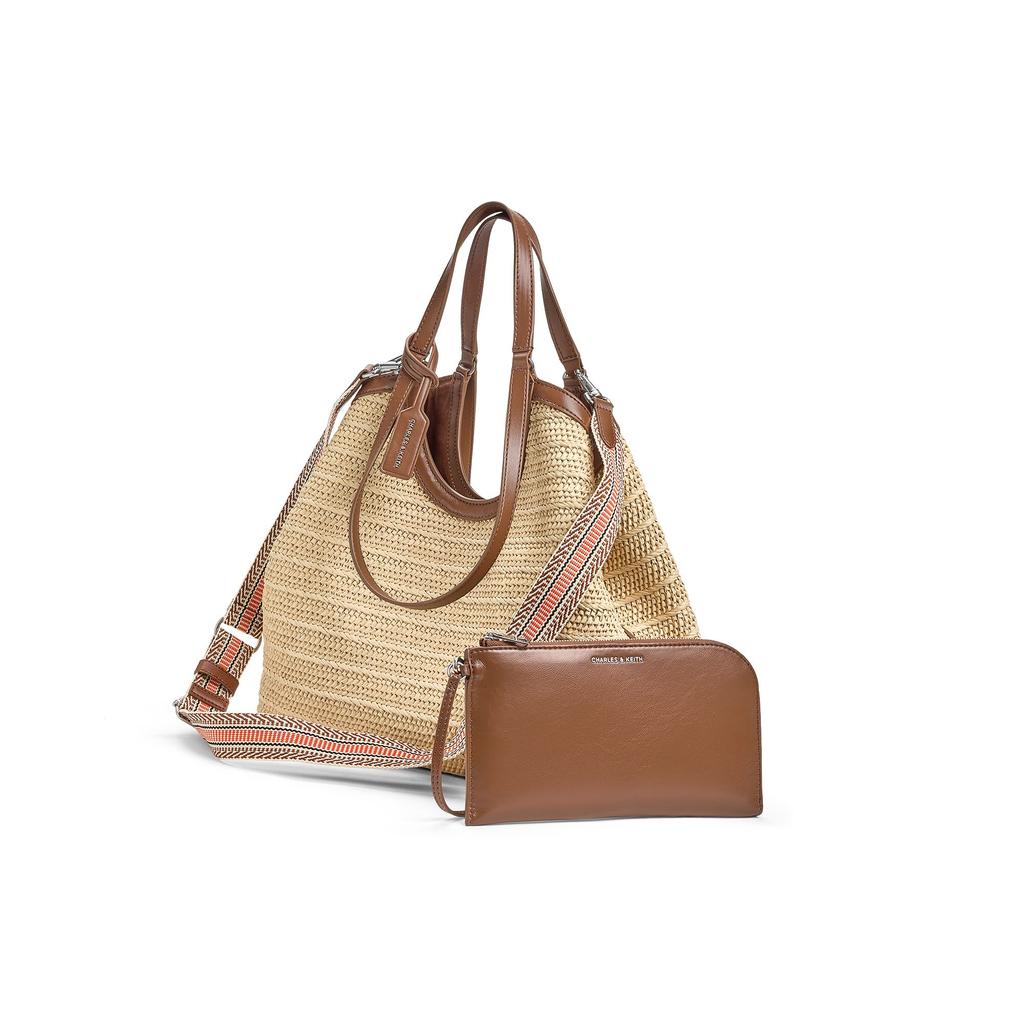 Charles & Keith Summer Woven Large Capacity Tote Bag Women tote bag Light-Brown Brown CK2-30701583-3