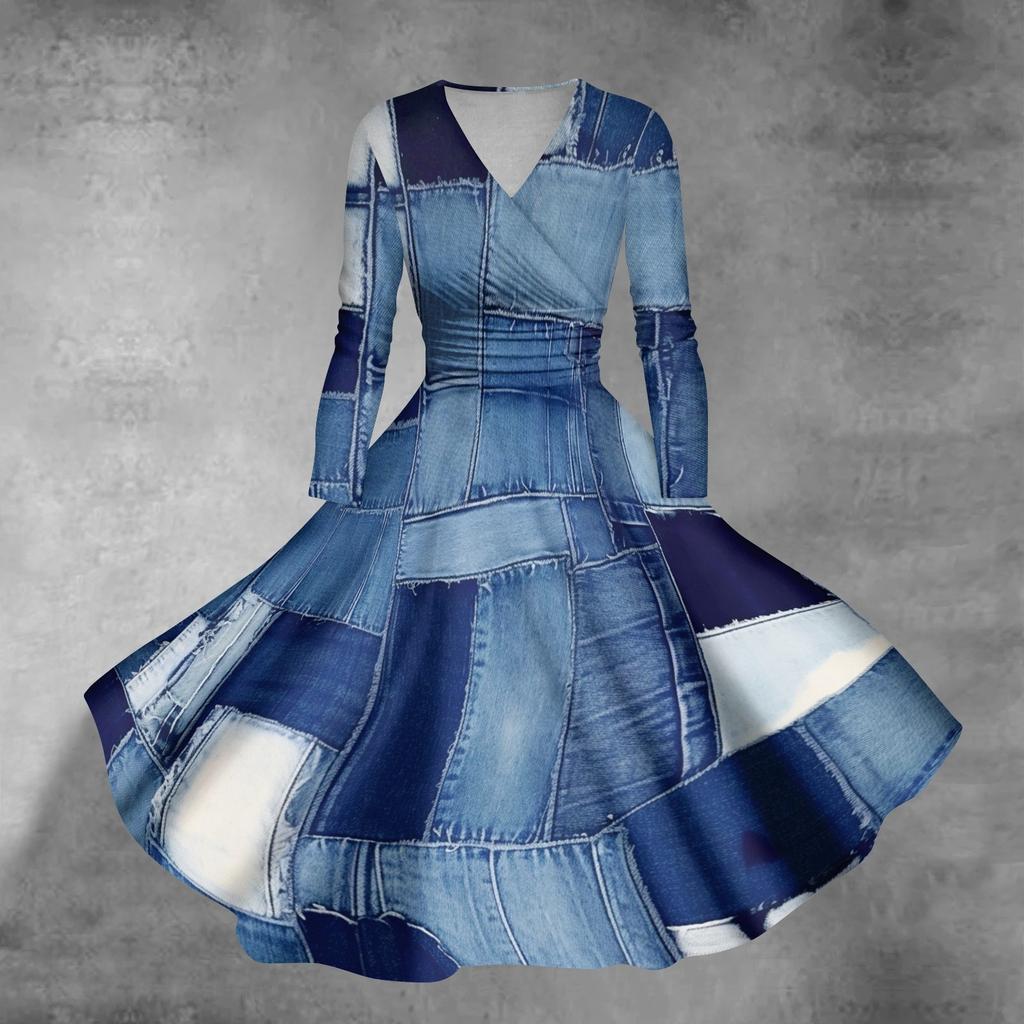 Женское повседневное и модное сексуальное платье с v-образным вырезом и длинными рукавами с градиентным принтом