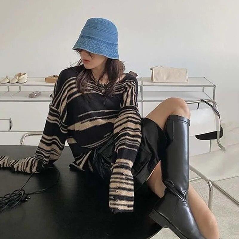 Полосатый вязаный свитер, женский винтажный свободный пуловер, полосатый топ с круглым вырезом и длинными рукавами, уличный трикотаж, Sueter Mujer, джемпер, весна-осень