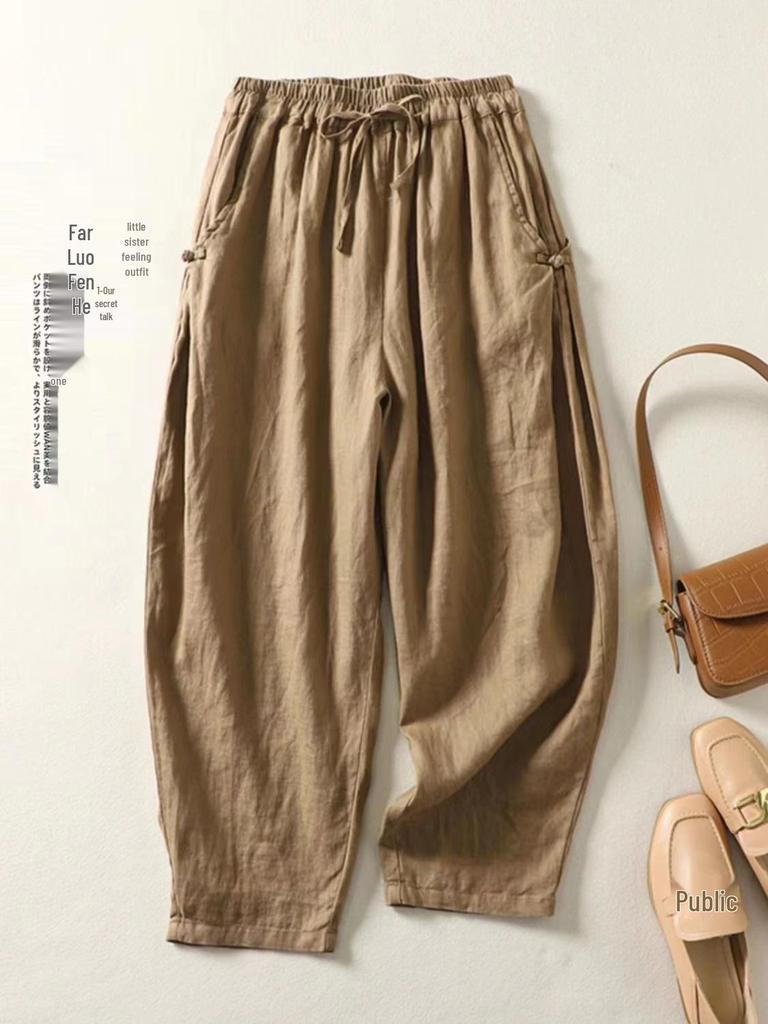 Хлопковые брюки гаремы с высокой талией и ретро застежкой-лягушкой - Легкие, эластичные, с завязкой на талии, свободного кроя для весны/лета