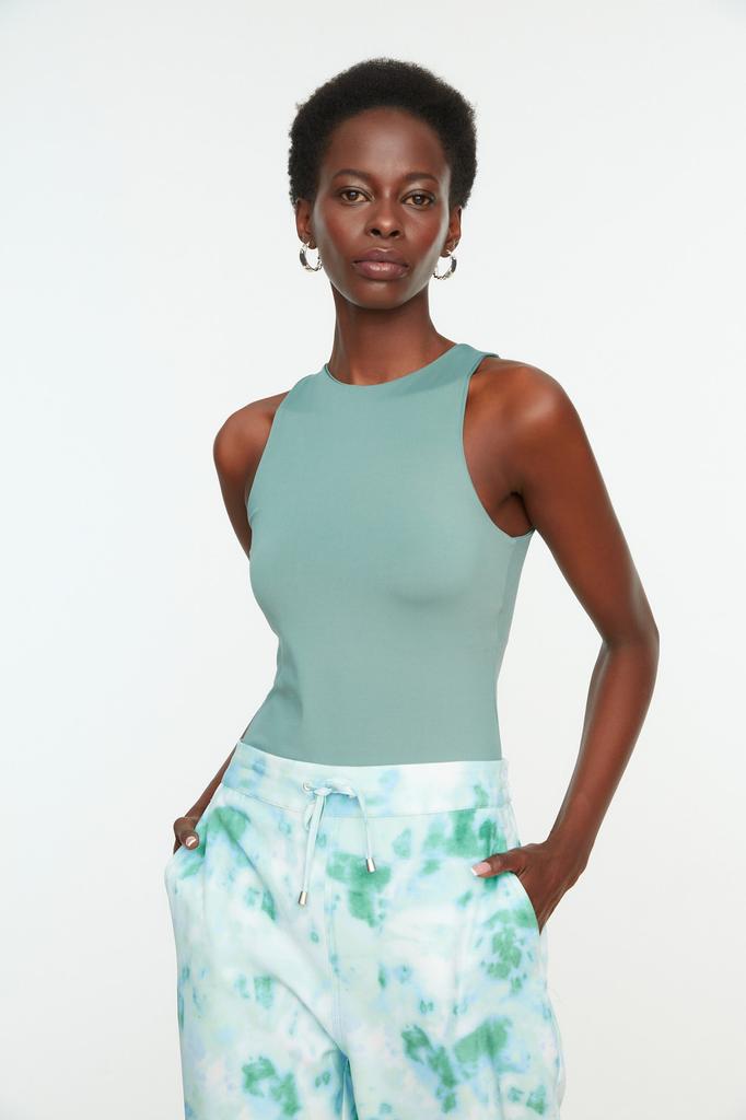 Women's Fashion New Bodysuit Green Halter Neck Fitted Flexible Snap Fastener Knitted Bodysuit