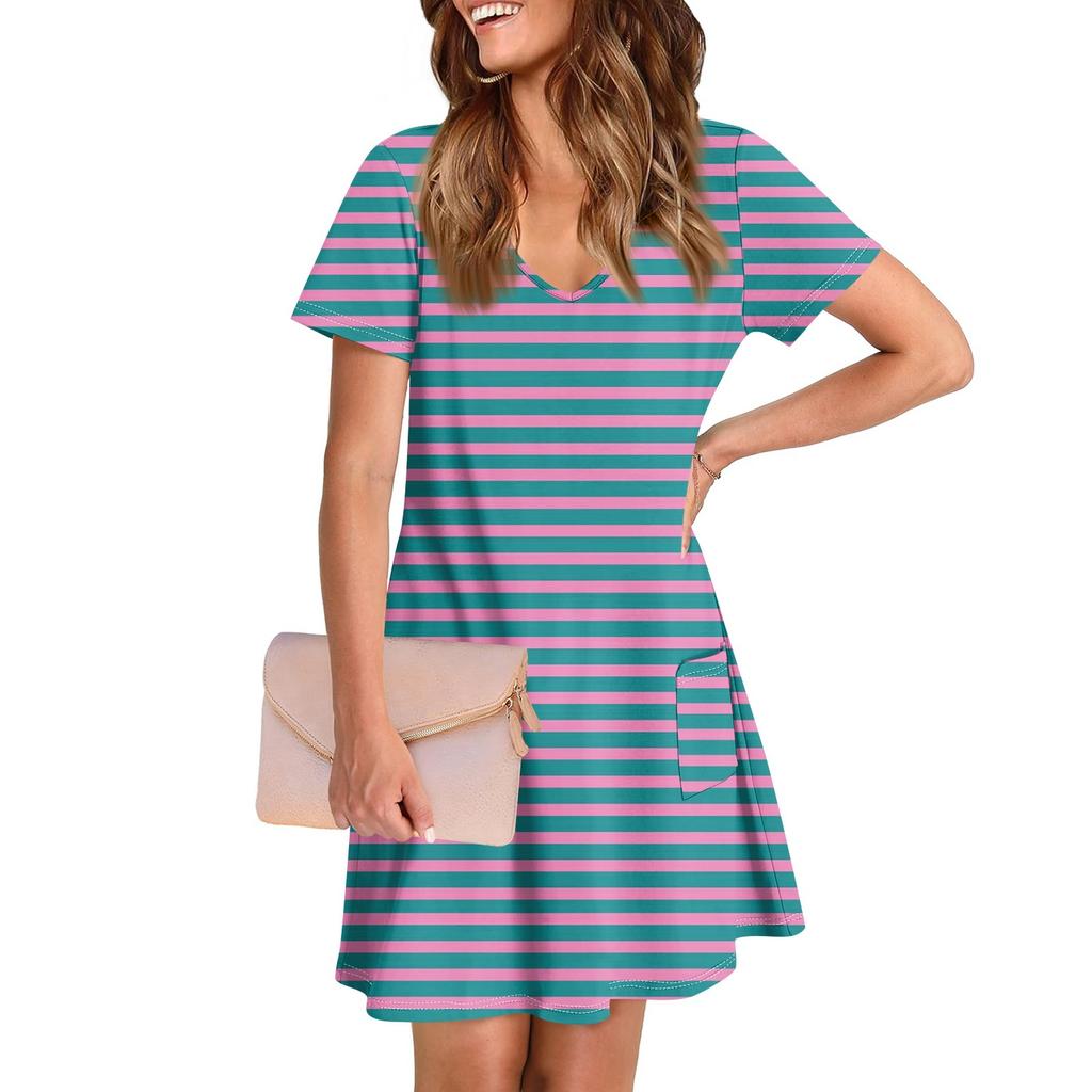 Женское повседневное и модное платье средней длины с V-образным вырезом и короткими рукавами с принтом