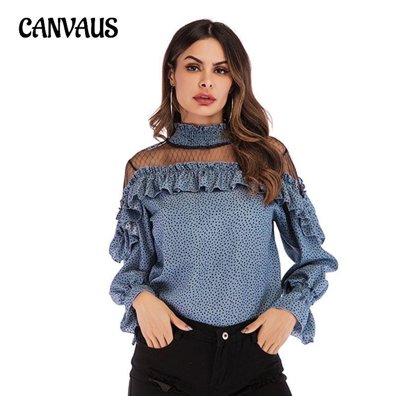 Spring and Autumn Women's Chiffon Long Sleeve Pleated Mesh Splicing Ruffle Polka Dot Chiffon Blouse Top