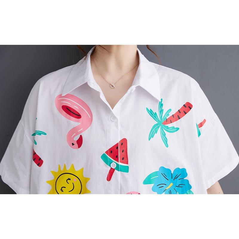 DIMANAF 2025 Plus Size New Summer Style Blouse Vintage Design Short Sleeve Colorful Casual Shirt Women Loose Shirt Geometric Print Shirt