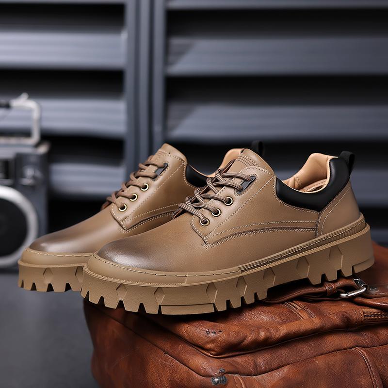 Мужские оксфорды на шнуровке, модная повседневная обувь с круглым носком, толстая подошва, кожаные туфли на плоской подошве, мужские уличные деловые туфли
