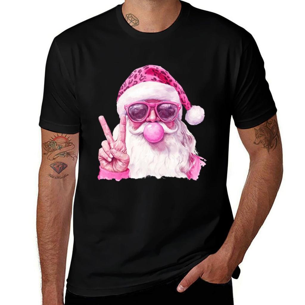 Retro Santa Peace Sign Leopard Hat Bubblegum Christmas Tshirt Casual Loose Fit Short Sleeve Tshirt