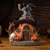 Halloween Magical House Resin Figurine Office Desktop House Sculpture Witch House Statue with LED Light Home Decoration