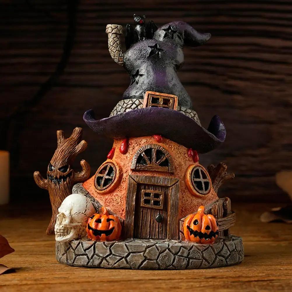 Halloween Magical House Resin Figurine Office Desktop House Sculpture Witch House Statue with LED Light Home Decoration