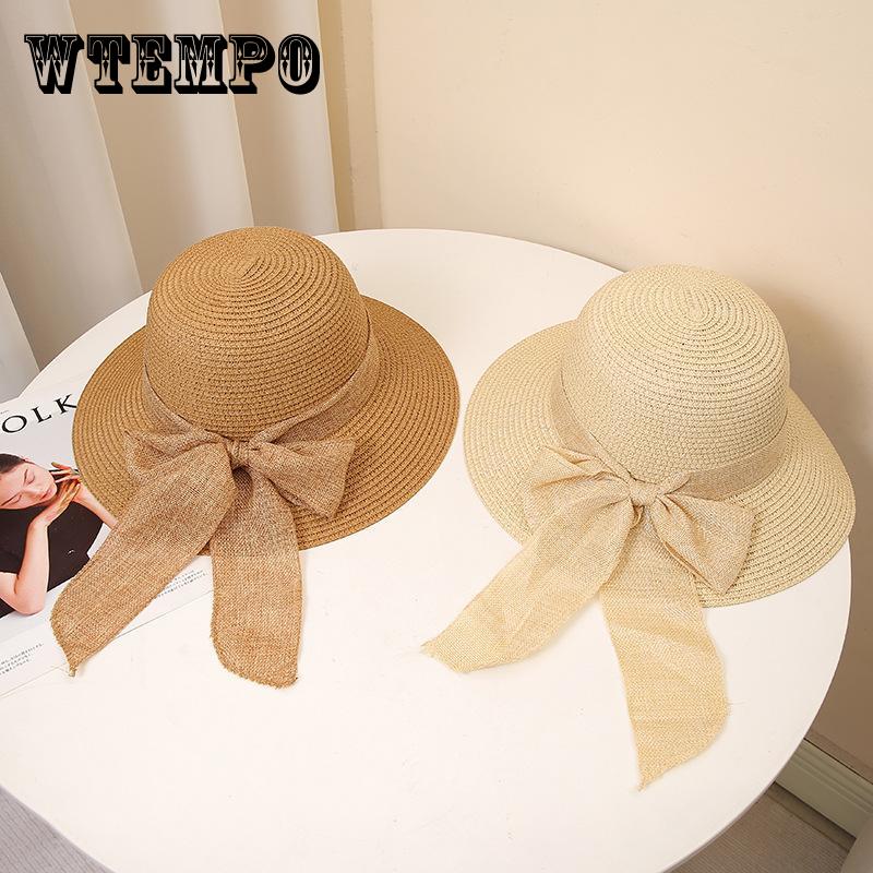 Womens Beach Sun Hat Summer Straw Hat with Bow, Adjustable Head Circumference, Wide Brim, Breathable, Travel Foldable Sun Hat